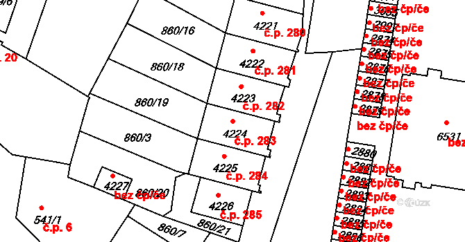 Václavské Předměstí 283, Písek na parcele st. 4224 v KÚ Písek, Katastrální mapa