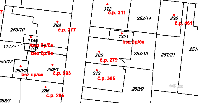 Rosice 279, Pardubice na parcele st. 286 v KÚ Rosice nad Labem, Katastrální mapa