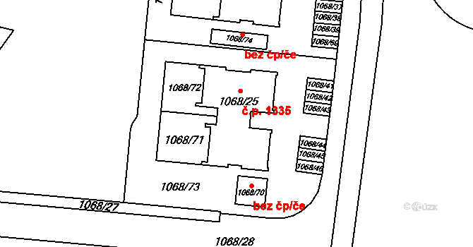 Lyžbice 1335, Třinec na parcele st. 1068/25 v KÚ Lyžbice, Katastrální mapa