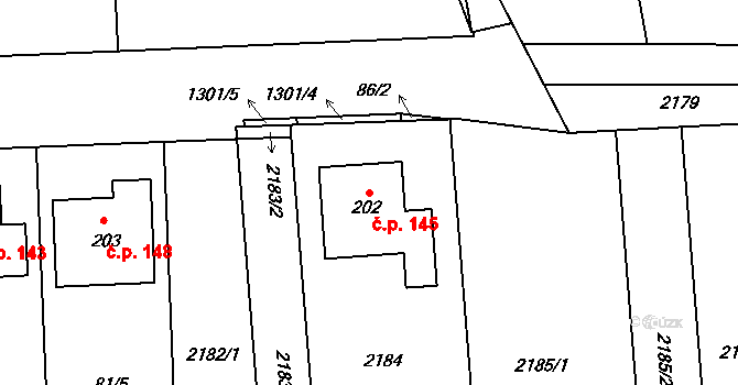 Topolany 145 na parcele st. 202 v KÚ Topolany u Vyškova, Katastrální mapa