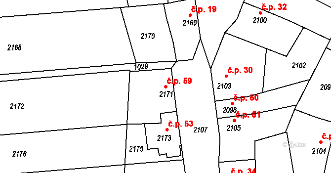 Měrůtky 59, Lutopecny na parcele st. 2171 v KÚ Měrůtky, Katastrální mapa