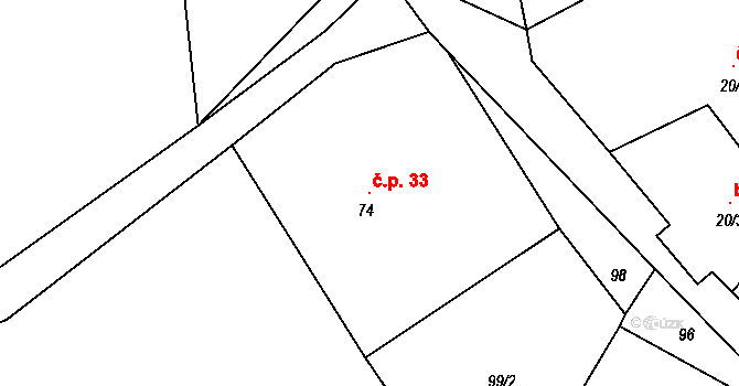 Hroznatín 33 na parcele st. 74 v KÚ Hroznatín, Katastrální mapa