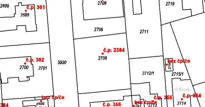 Modřany 2384, Praha na parcele st. 2706 v KÚ Modřany, Katastrální mapa