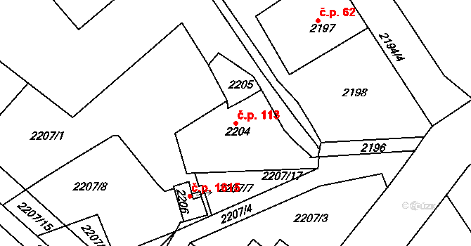 Roztoky 113 na parcele st. 2204 v KÚ Roztoky u Prahy, Katastrální mapa