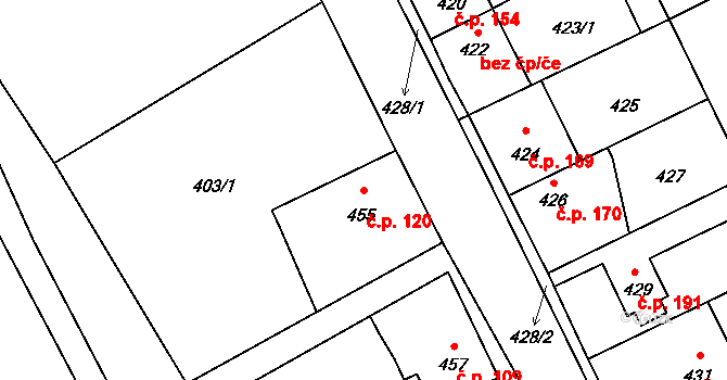 Srby 120, Tuchlovice na parcele st. 455 v KÚ Srby u Tuchlovic, Katastrální mapa