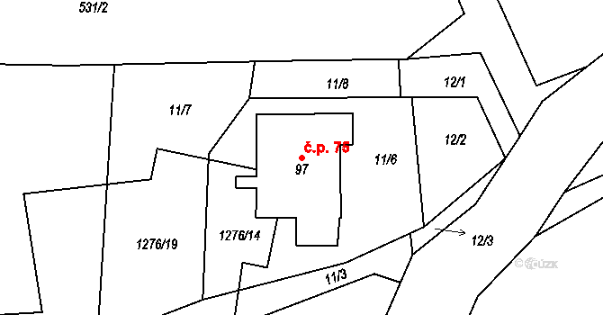 Horní Kozolupy 75 na parcele st. 97 v KÚ Horní Kozolupy, Katastrální mapa