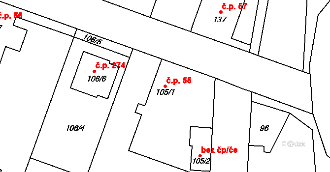 Hlušovice 55 na parcele st. 105/1 v KÚ Hlušovice, Katastrální mapa