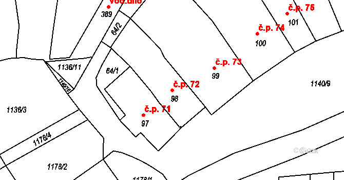 Rožmberk nad Vltavou 72 na parcele st. 98 v KÚ Rožmberk nad Vltavou, Katastrální mapa