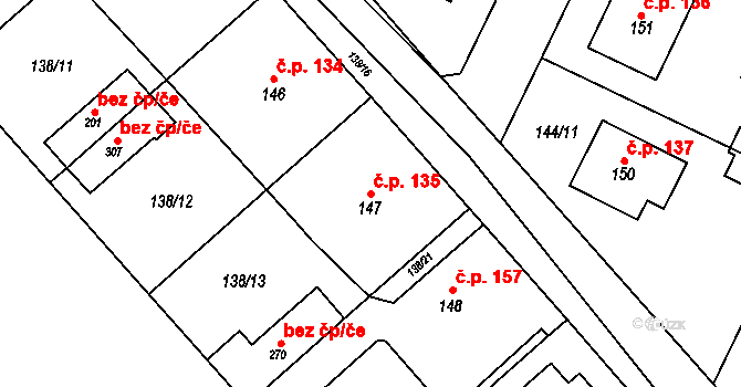 Travčice 135 na parcele st. 147 v KÚ Travčice, Katastrální mapa