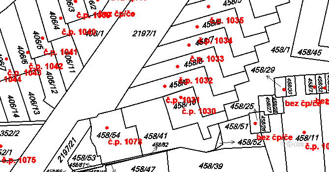 Střešovice 1031, Praha na parcele st. 458/9 v KÚ Střešovice, Katastrální mapa