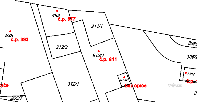 Hodolany 811, Olomouc na parcele st. 912/1 v KÚ Hodolany, Katastrální mapa