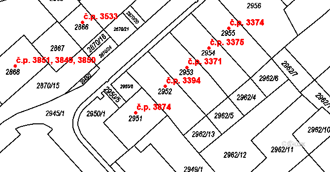Chomutov 3394 na parcele st. 2952 v KÚ Chomutov I, Katastrální mapa