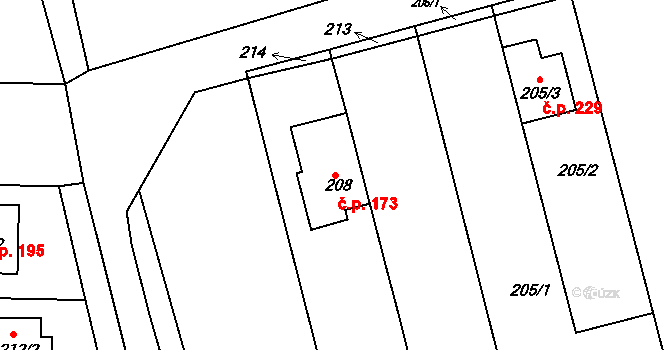 Sentice 173 na parcele st. 208 v KÚ Sentice, Katastrální mapa