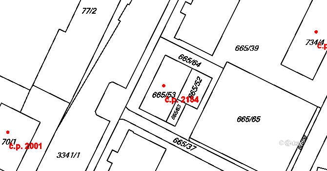Benešov 2154 na parcele st. 665/53 v KÚ Benešov u Prahy, Katastrální mapa