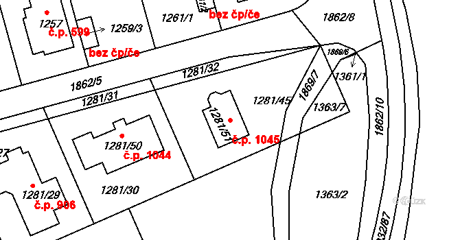 Černice 1045, Plzeň na parcele st. 1281/51 v KÚ Bručná, Katastrální mapa
