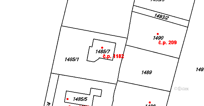 Kosmonosy 1182 na parcele st. 1485/7 v KÚ Kosmonosy, Katastrální mapa