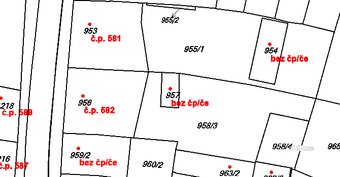 Kunovice 47260343 na parcele st. 957 v KÚ Kunovice u Uherského Hradiště, Katastrální mapa
