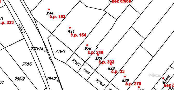 Huštěnovice 218 na parcele st. 838 v KÚ Huštěnovice, Katastrální mapa