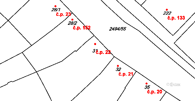 Mouřínov 22 na parcele st. 31 v KÚ Mouřínov, Katastrální mapa