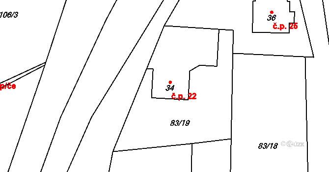 Podolí 22, Borač na parcele st. 34 v KÚ Podolí u Borače, Katastrální mapa