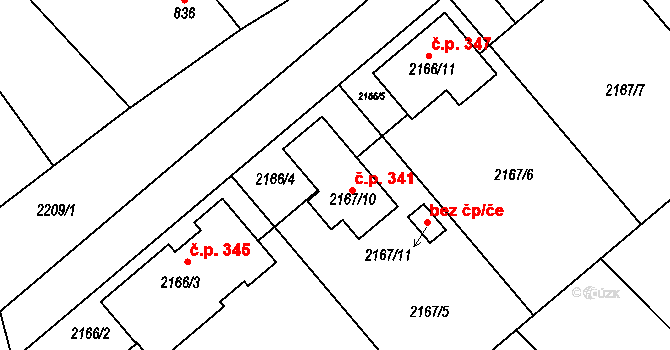 Pouzdřany 341 na parcele st. 2167/10 v KÚ Pouzdřany, Katastrální mapa