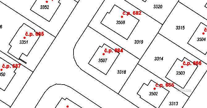 Kamenice nad Lipou 684 na parcele st. 3507 v KÚ Kamenice nad Lipou, Katastrální mapa