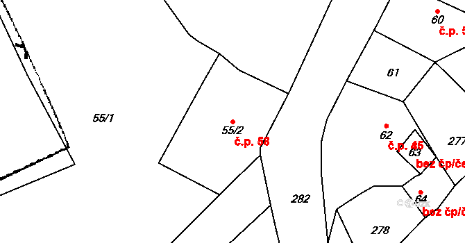 Milčeves 58, Žatec na parcele st. 55/2 v KÚ Milčeves, Katastrální mapa