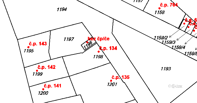 Hustopeče 134 na parcele st. 1198 v KÚ Hustopeče u Brna, Katastrální mapa