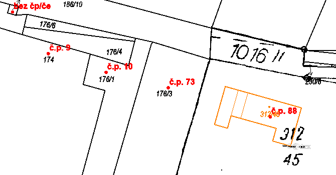 Milíčovice 73 na parcele st. 176/3 v KÚ Milíčovice, Katastrální mapa