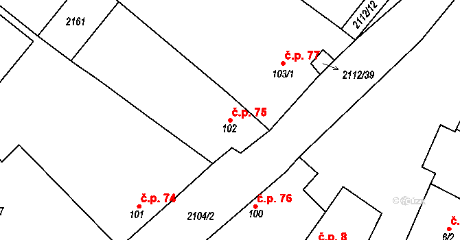 Olbramkostel 75 na parcele st. 102 v KÚ Olbramkostel, Katastrální mapa
