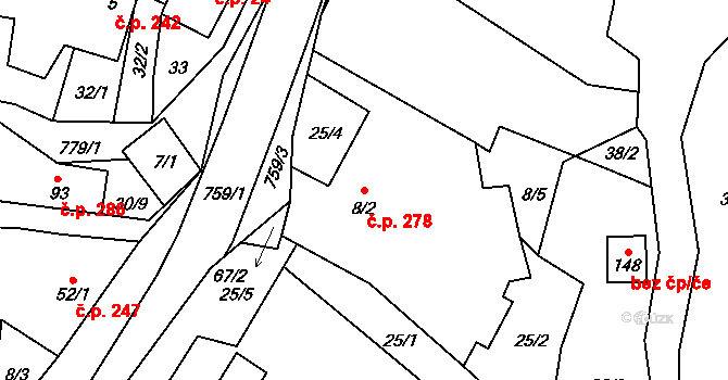 Dobronín 278 na parcele st. 8/2 v KÚ Střelecká, Katastrální mapa