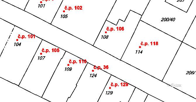 Chotětov 106 na parcele st. 108 v KÚ Chotětov, Katastrální mapa