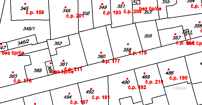 Švermov 177, Kladno na parcele st. 360 v KÚ Motyčín, Katastrální mapa