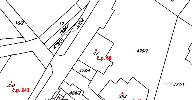 Chuchelna 68 na parcele st. 47 v KÚ Chuchelna, Katastrální mapa