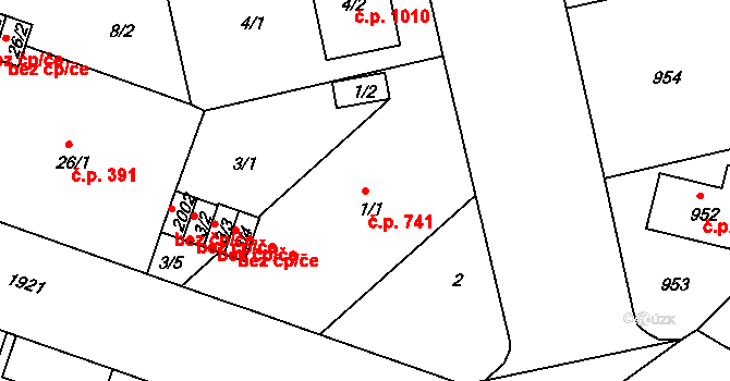 Klíše 741, Ústí nad Labem na parcele st. 1/1 v KÚ Klíše, Katastrální mapa