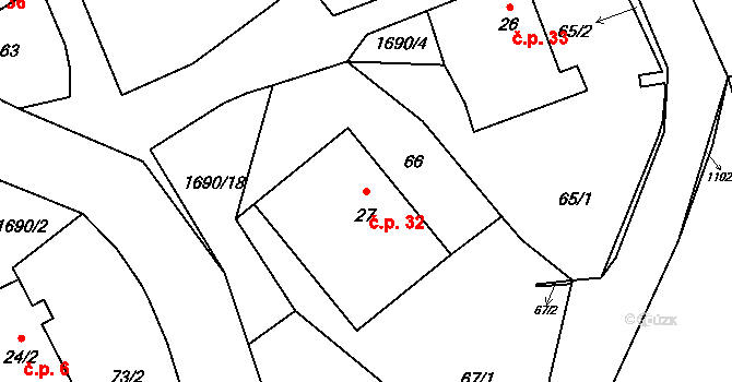 Třebovice 32 na parcele st. 27 v KÚ Třebovice, Katastrální mapa