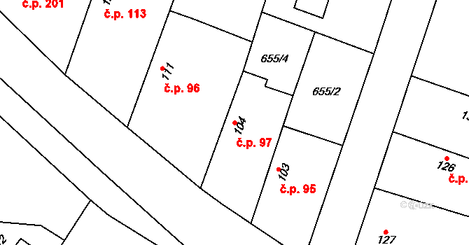 Krchleby 97 na parcele st. 104 v KÚ Krchleby u Nymburka, Katastrální mapa