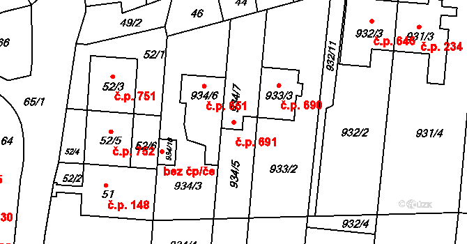 Bohunice 691, Brno na parcele st. 934/7 v KÚ Bohunice, Katastrální mapa