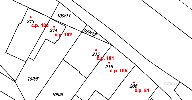 Ústí 101 na parcele st. 215 v KÚ Ústí u Vsetína, Katastrální mapa