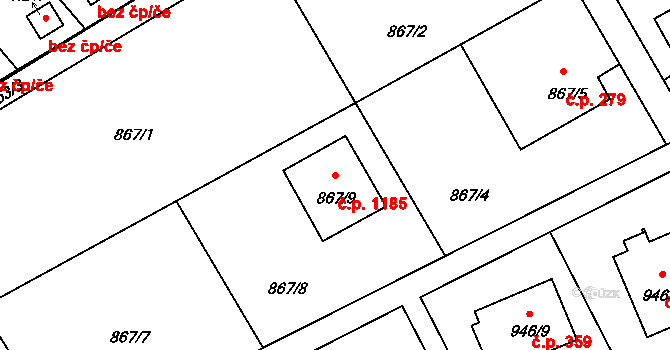 Ráj 1185, Karviná na parcele st. 867/9 v KÚ Ráj, Katastrální mapa