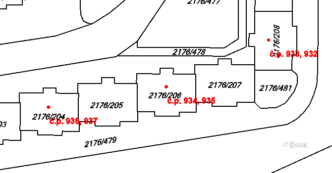 Skvrňany 934,935, Plzeň na parcele st. 2176/206 v KÚ Skvrňany, Katastrální mapa