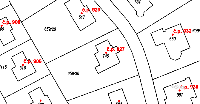 Hlubočinka 927, Sulice na parcele st. 745 v KÚ Sulice, Katastrální mapa