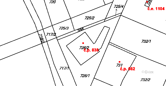 Šeberov 838, Praha na parcele st. 726/2 v KÚ Šeberov, Katastrální mapa