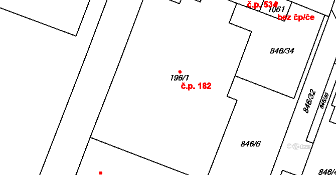 Hanušovice 182 na parcele st. 196/1 v KÚ Hanušovice, Katastrální mapa