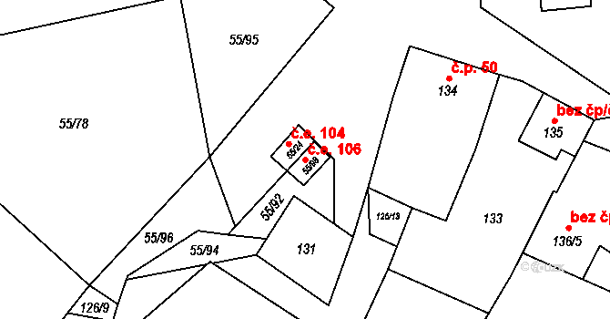 Krhovice 106 na parcele st. 55/98 v KÚ Krhovice, Katastrální mapa