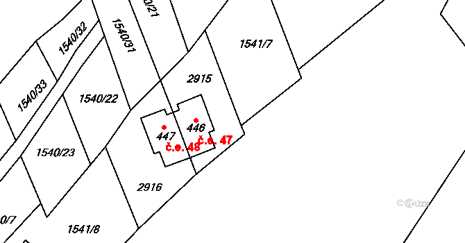 Bystřice pod Lopeníkem 47 na parcele st. 446 v KÚ Bystřice pod Lopeníkem, Katastrální mapa