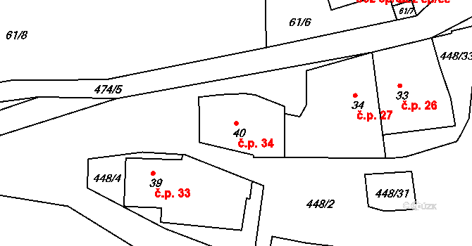 Radonín 34 na parcele st. 40 v KÚ Radonín, Katastrální mapa
