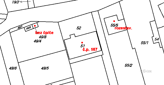 Přední Kopanina 167, Praha na parcele st. 51 v KÚ Přední Kopanina, Katastrální mapa