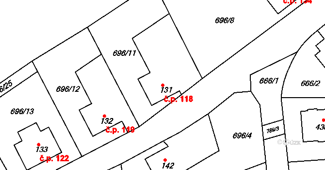 Škrdlovice 118 na parcele st. 131 v KÚ Škrdlovice, Katastrální mapa