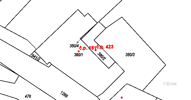 Troubelice 423 na parcele st. 380/2 v KÚ Troubelice, Katastrální mapa